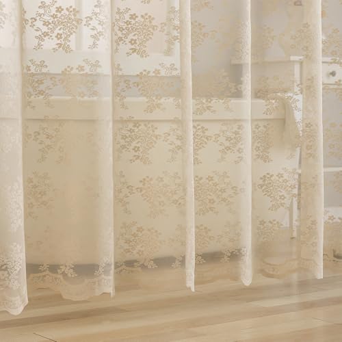 TUDECO Lace Beige Shower Curtain with Valance - Farmhouse Boho Sheer Floral Tan Shower Curtain for Bathroom, Antique Scalloped Edges Neutral Decorative Grandma Core Decor, 1 Panel, 72 x 72 Inch - Image 5