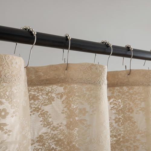 TUDECO Lace Beige Shower Curtain with Valance - Farmhouse Boho Sheer Floral Tan Shower Curtain for Bathroom, Antique Scalloped Edges Neutral Decorative Grandma Core Decor, 1 Panel, 72 x 72 Inch - Image 2