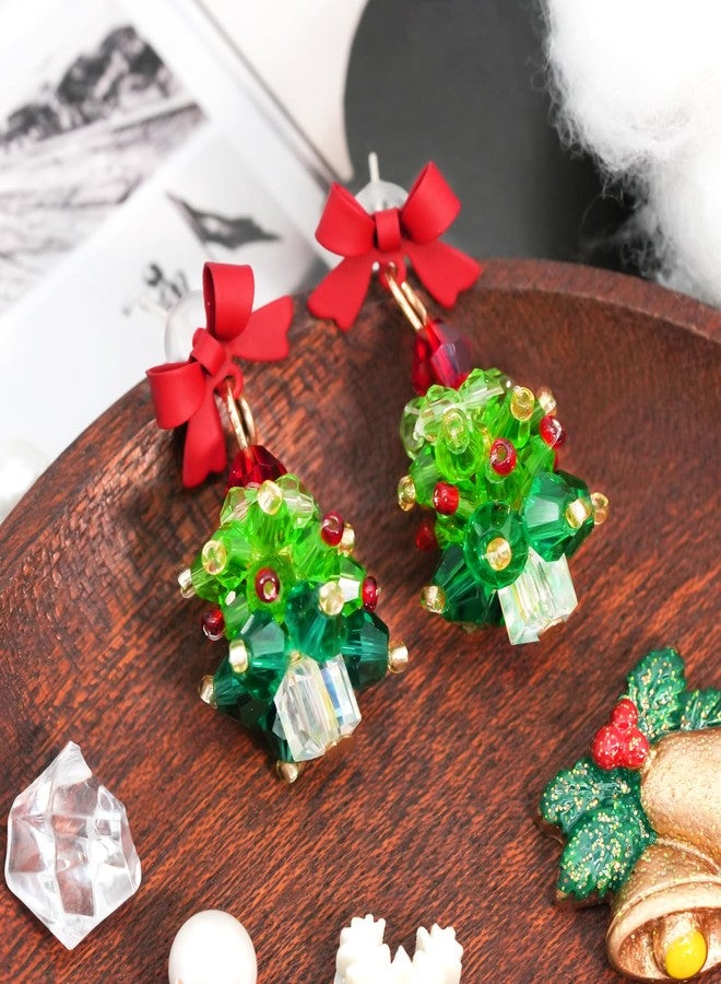 Nanafast Christmas Earrings for Women Handmade Beaded Green Christmas Tree Dangle Earrings Cute Bow Xmas Tree Earrings Jewelry for Festival New Year Party-Red Bow - Image 5