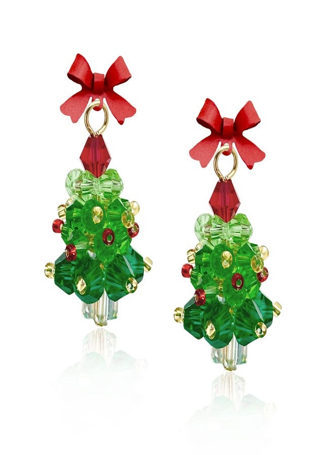 Nanafast Christmas Earrings for Women Handmade Beaded Green Christmas Tree Dangle Earrings Cute Bow Xmas Tree Earrings Jewelry for Festival New Year Party-Red Bow - Image 1