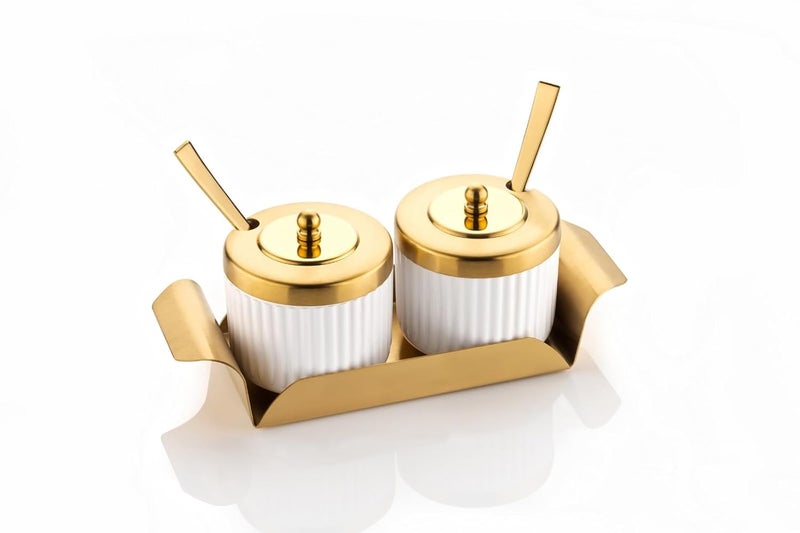 DiBha DiBha Stainless Steel Plastic Pickle Jar Spice Container with Lids 2 Steel Serving Spoon 1 Steel Tray Golden PVD Coating 1 set contain 2pcs of Jar - Image 1
