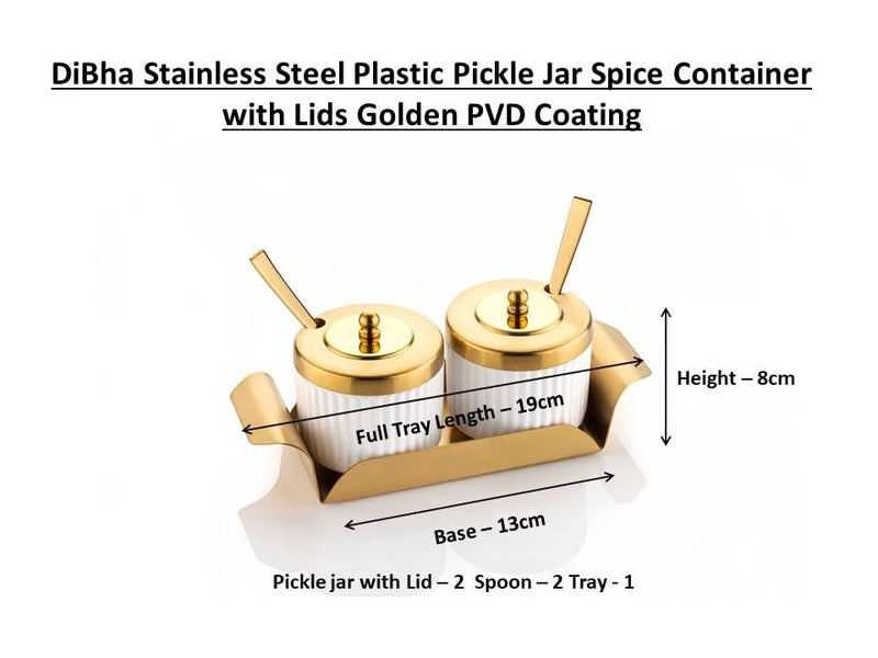 DiBha DiBha Stainless Steel Plastic Pickle Jar Spice Container with Lids 2 Steel Serving Spoon 1 Steel Tray Golden PVD Coating 1 set contain 2pcs of Jar - Image 2