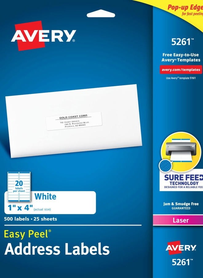 AVERY Avery Easy Peel Printable Address Labels with Sure Feed, 1" x 4", White, 500 Blank Mailing Labels (05261) - Image 1