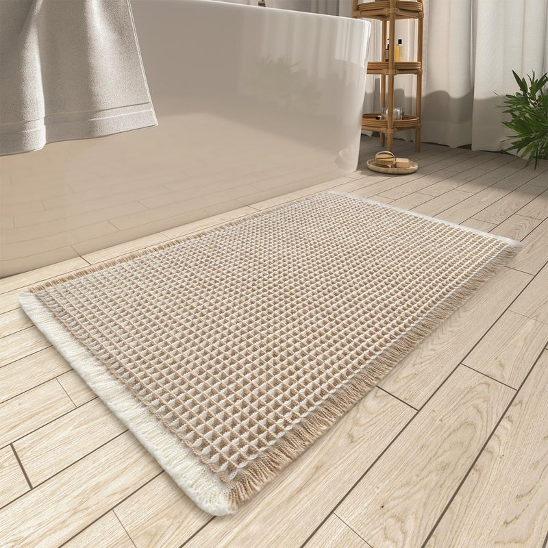 AMOAMI Upgraded Waffle Bath Mat, Super Absorbent Non Slip Bath Mats for Bathroom Floor, Machine Washable Bathroom Rugs with Tassels, Rubber Backed Bathroom Mats, Ultra Soft, 17" x 24",Brown & Cream - Image 1