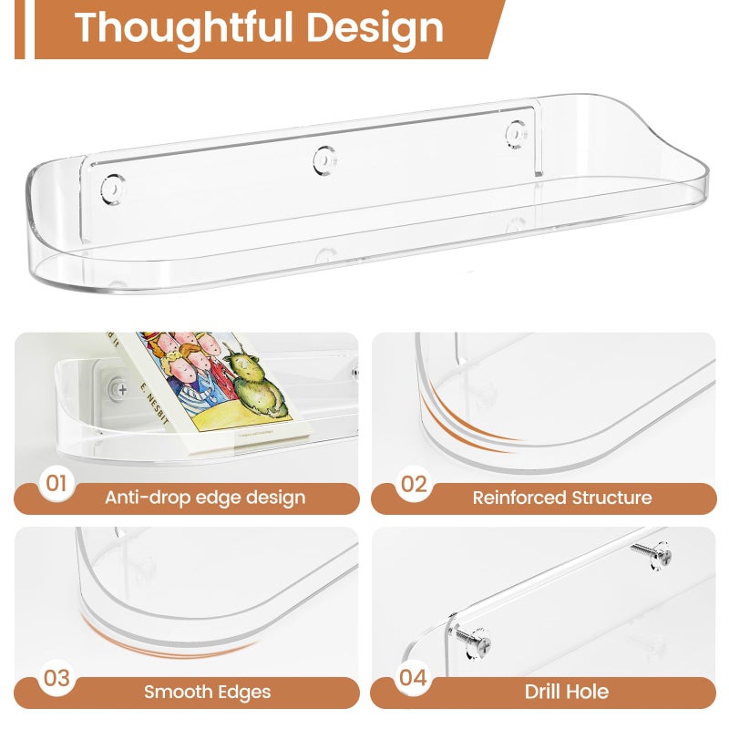 SpaceWhisper Floating Shelves for Wall, 6-Pack 15" Wall Shelves for Bathroom, Bedroom, Kitchen, Living Room, Display Hanging Shelf Organizer for Book, Picture Ledge, Figure Storage, Room Decor (Clear) - Image 4