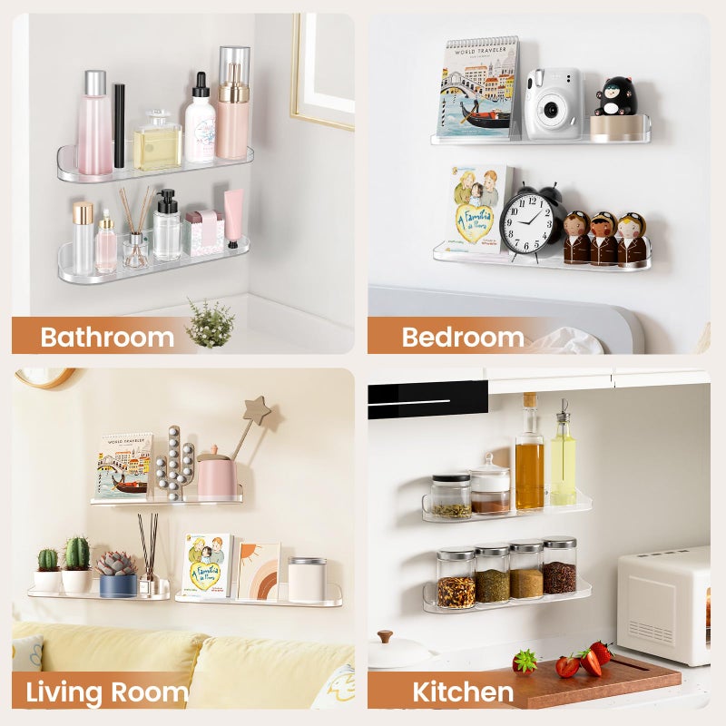 SpaceWhisper Floating Shelves for Wall, 6-Pack 15" Wall Shelves for Bathroom, Bedroom, Kitchen, Living Room, Display Hanging Shelf Organizer for Book, Picture Ledge, Figure Storage, Room Decor (Clear) - Image 5