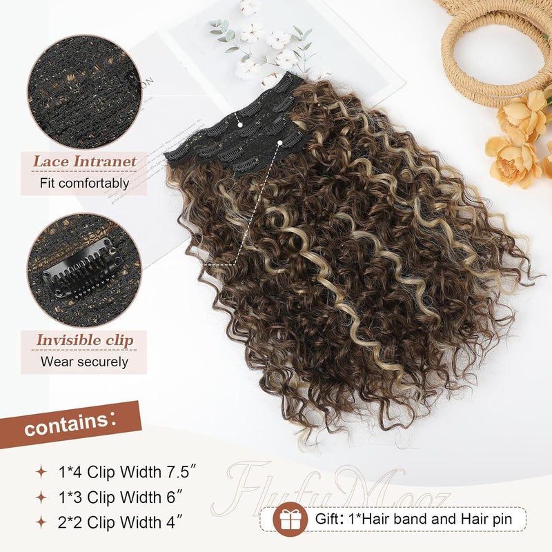 Flufymooz Clip in Hair Extensions, FLUFYMOOZ 4PC 100％ Pure Protein Silk Hair Extensions Long Soft Natural Hairpiece 16 Inch Curly Hairpiece for Women (Medium Brown Ash Blonde Highlight) - Image 4