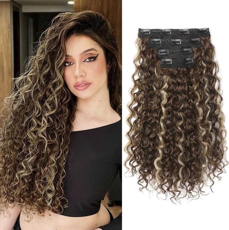 Flufymooz Clip in Hair Extensions, FLUFYMOOZ 4PC 100％ Pure Protein Silk Hair Extensions Long Soft Natural Hairpiece 16 Inch Curly Hairpiece for Women (Medium Brown Ash Blonde Highlight) - Image 1