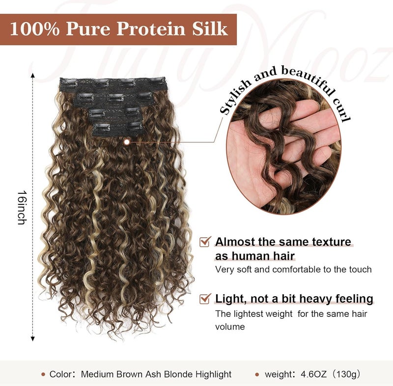 Flufymooz Clip in Hair Extensions, FLUFYMOOZ 4PC 100％ Pure Protein Silk Hair Extensions Long Soft Natural Hairpiece 16 Inch Curly Hairpiece for Women (Medium Brown Ash Blonde Highlight) - Image 2