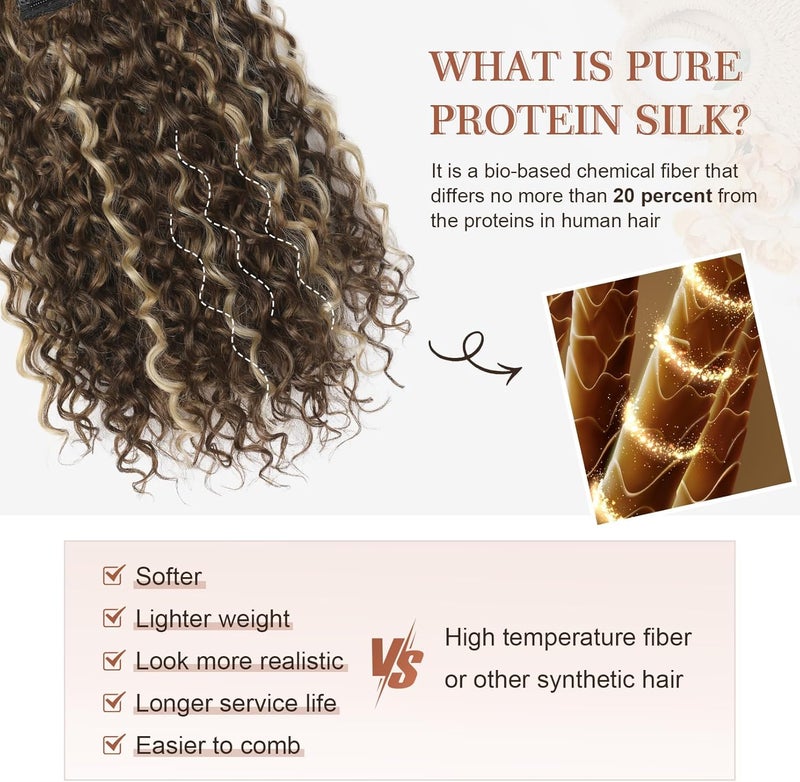 Flufymooz Clip in Hair Extensions, FLUFYMOOZ 4PC 100％ Pure Protein Silk Hair Extensions Long Soft Natural Hairpiece 16 Inch Curly Hairpiece for Women (Medium Brown Ash Blonde Highlight) - Image 3