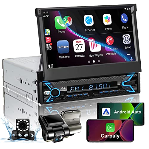 Naifay Single Din Car Stereo with Dash Cam & Backup Camera, 7INCH Flip Out Single Din Touchscreen Car Stereo with Apple Carplay & Android Auto, Car Audio Receivers Bluetooth Mirrorlink FM Car Radio - Image 1