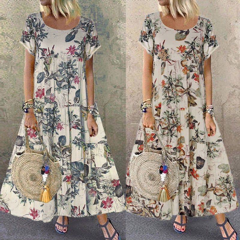 Retro Floral Print Short Sleeve Round Neck Dress