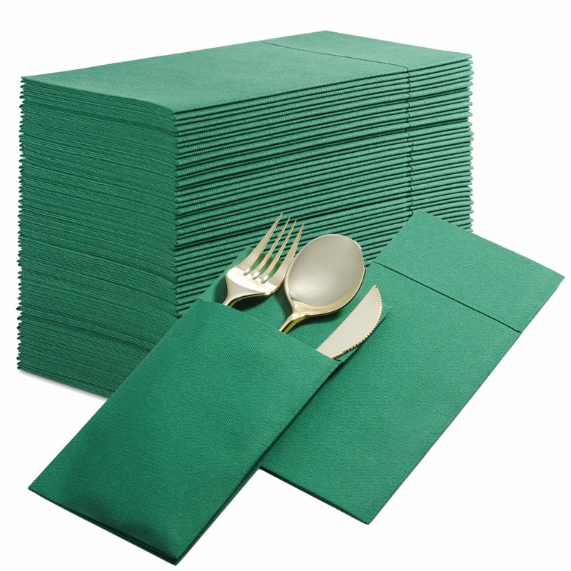 Disposable Linen-Feel Dinner Napkins with Built-in Flatware Pocket  50-Pack GREEN Prefolded Cloth Like Paper Napkins For Dinner  Wedding Or Party [Silverware NOT Included]