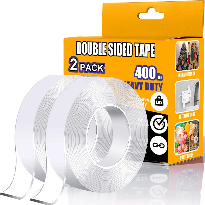 ANLOKE Double Sided Tape Heavy Duty 2 Pack, 1.2 Inch x 400 Inch ï¼ŒExtra Large Nano Double Sided Adhesive Tape for Walls, Carpets, and Posters - Removable Reusable, Washable(33.3FT) - Image 1
