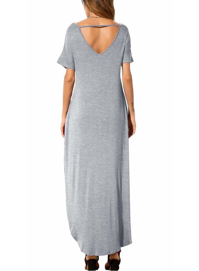 GRECERELLE Solid V-Neck Pocket Loose Maxi Dress Gray M - Image 3