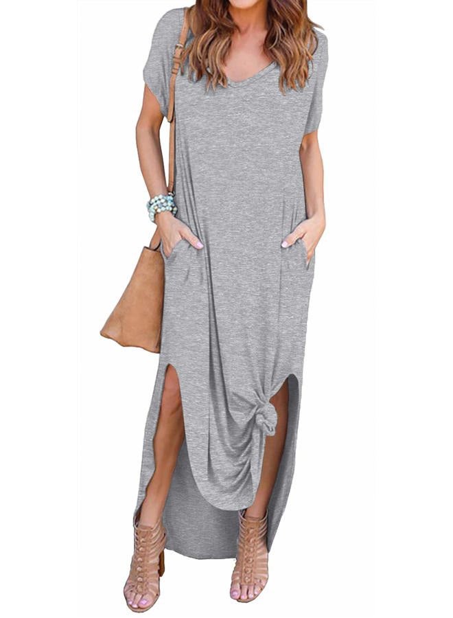 GRECERELLE Solid V-Neck Pocket Loose Maxi Dress Gray M - Image 1