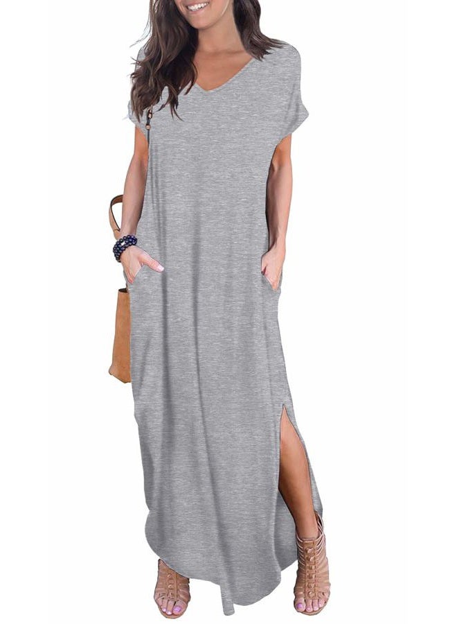 GRECERELLE Solid V-Neck Pocket Loose Maxi Dress Gray M - Image 2