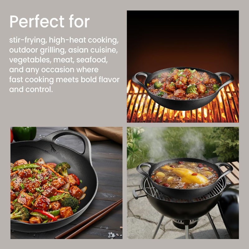 BAKKENMASTER Bakken Pre-Seasoned Cast Iron Wok with Wooden Lid, 14" Stir Fry Pan for Gas, Electric, Induction & Open Fir, Heavy-Duty Flat Bottom Wok with Dual Handles for Even Heating & High-Heat Cooking, 8.8 lbs - Image 3