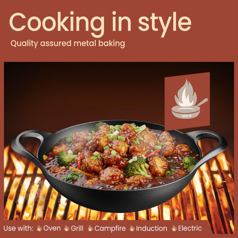 BAKKENMASTER Bakken Pre-Seasoned Cast Iron Wok with Wooden Lid, 14" Stir Fry Pan for Gas, Electric, Induction & Open Fir, Heavy-Duty Flat Bottom Wok with Dual Handles for Even Heating & High-Heat Cooking, 8.8 lbs - Image 4