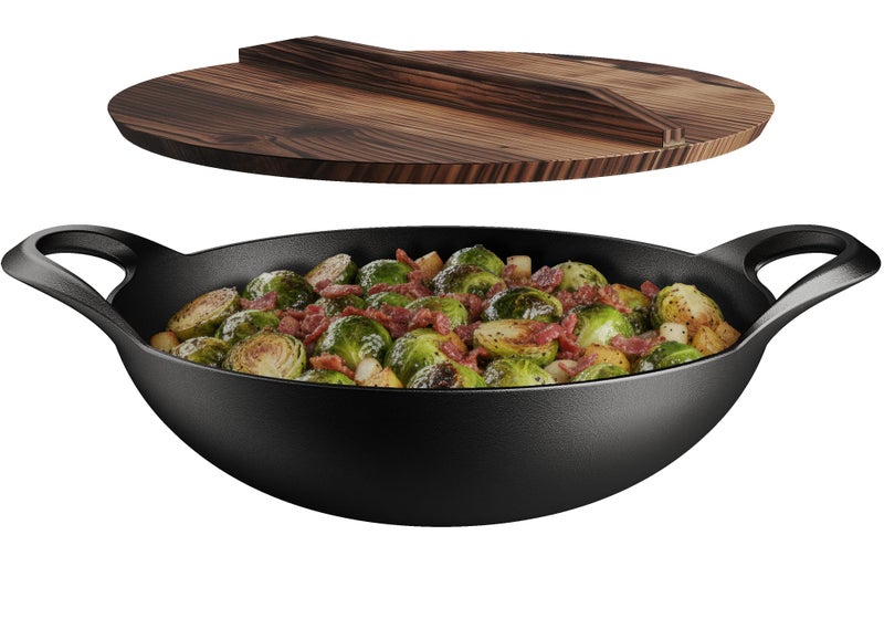 BAKKENMASTER Bakken Pre-Seasoned Cast Iron Wok with Wooden Lid, 14" Stir Fry Pan for Gas, Electric, Induction & Open Fir, Heavy-Duty Flat Bottom Wok with Dual Handles for Even Heating & High-Heat Cooking, 8.8 lbs - Image 1