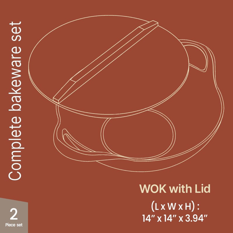 BAKKENMASTER Bakken Pre-Seasoned Cast Iron Wok with Wooden Lid, 14" Stir Fry Pan for Gas, Electric, Induction & Open Fir, Heavy-Duty Flat Bottom Wok with Dual Handles for Even Heating & High-Heat Cooking, 8.8 lbs - Image 2