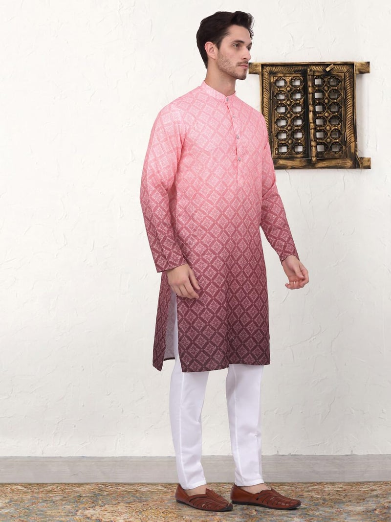 Jompers Men's Coral Ombre Printed Kurta Pyjama Set (Coral, L) - Image 3
