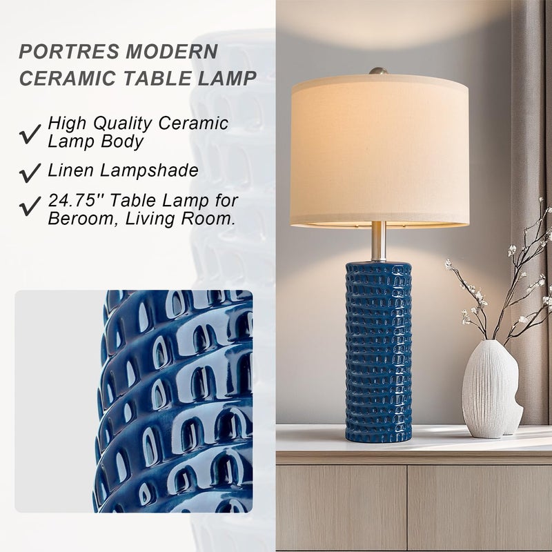 PORTRES 24.75" Modern Accent Ceramic Table Lamp Set of 2 for Bedroom Desk Decor Bedside Lamps for Living Room Study Room Office Dorm Farmhouse Nightstand Lamp End Table Lamps (Blue) - Image 4