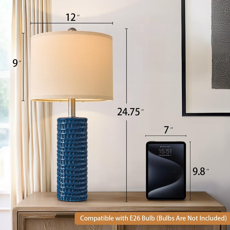 PORTRES 24.75" Modern Accent Ceramic Table Lamp Set of 2 for Bedroom Desk Decor Bedside Lamps for Living Room Study Room Office Dorm Farmhouse Nightstand Lamp End Table Lamps (Blue) - Image 5