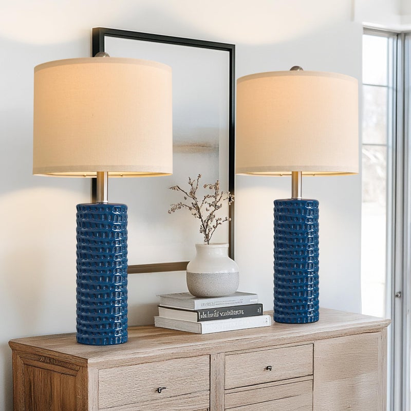 PORTRES 24.75" Modern Accent Ceramic Table Lamp Set of 2 for Bedroom Desk Decor Bedside Lamps for Living Room Study Room Office Dorm Farmhouse Nightstand Lamp End Table Lamps (Blue) - Image 2
