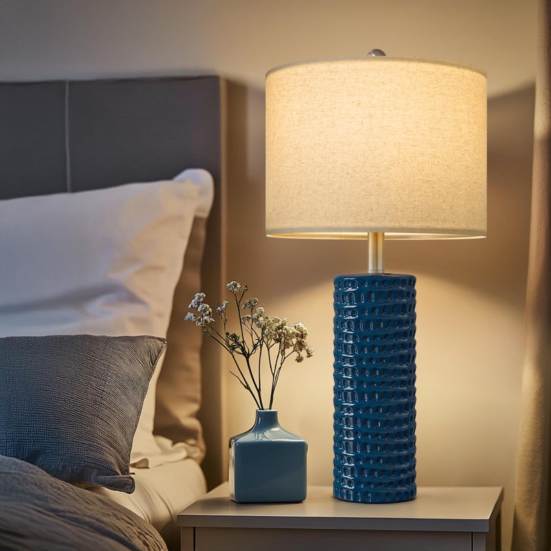 PORTRES 24.75" Modern Accent Ceramic Table Lamp Set of 2 for Bedroom Desk Decor Bedside Lamps for Living Room Study Room Office Dorm Farmhouse Nightstand Lamp End Table Lamps (Blue) - Image 3