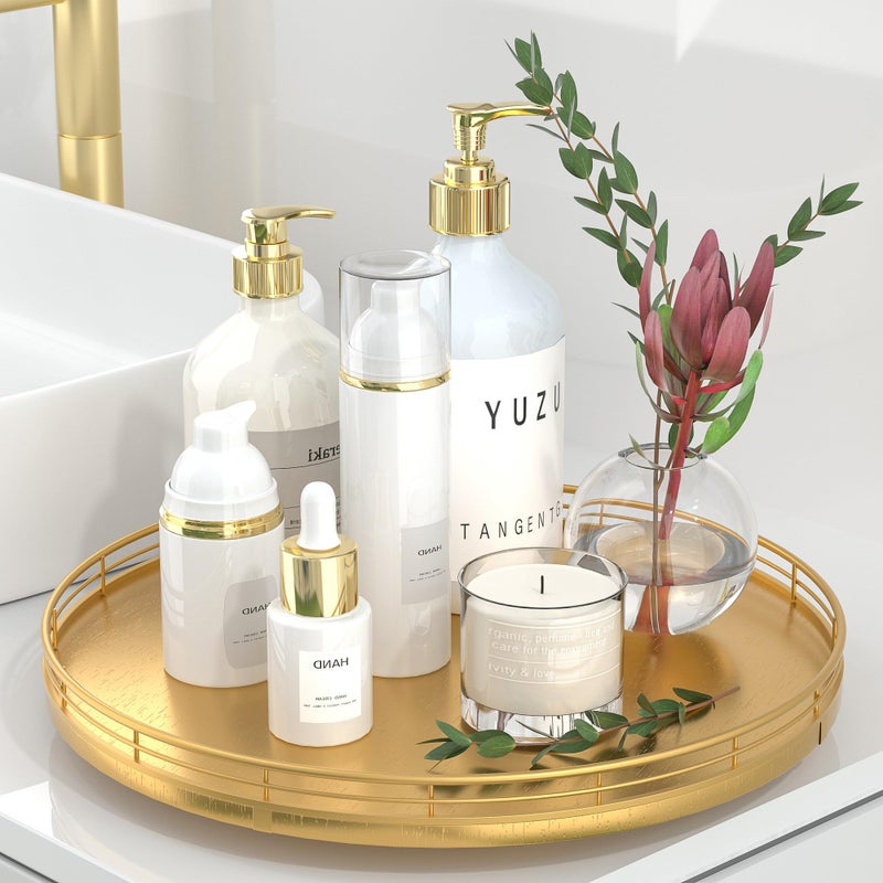 13 Gold Lazy Susan for Table Top Oak Wood Lazy Susan Turntable Organizer for Dining Coffee Table Centerpiece Bar Decor Kitchen Countertop Bathroom Vanity Decorative Tray for Perfume Jewelry Round