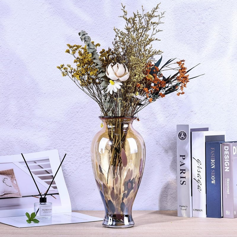 oliruim 11.8" Tall Blown Amber Gold Glass Vase, Amber Opaque Glass Vase, Unique Design Wide Mouth Art Decoration for Home, Living Room, Dining Table, Pampas Grass Decor (Amber Gold) - Image 5