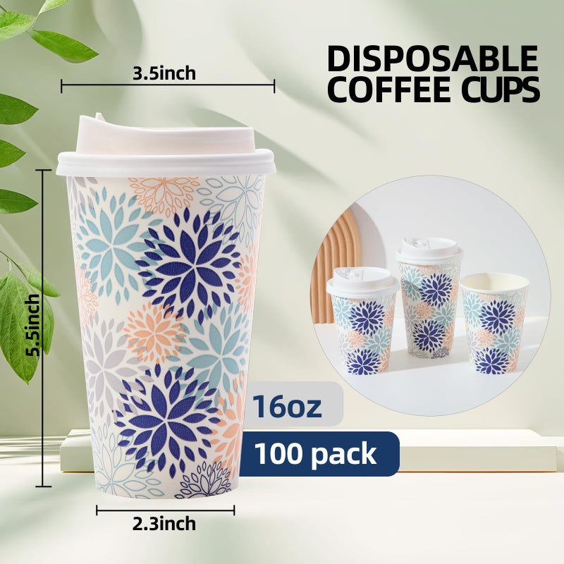 Tamone 100 PACK 16OZ Disposable Coffee Cups with Lids  To Go Coffee Cups with Lids Leak Proof  White and Blue Paper Cups Flower Design for Cold/Hot Coffee Beverage Chocolate Cocoa for Home Office - Image 2