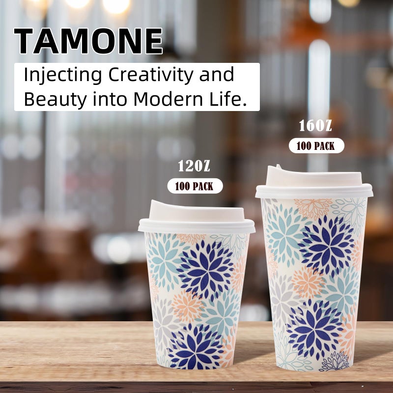 Tamone 100 PACK 16OZ Disposable Coffee Cups with Lids  To Go Coffee Cups with Lids Leak Proof  White and Blue Paper Cups Flower Design for Cold/Hot Coffee Beverage Chocolate Cocoa for Home Office - Image 4
