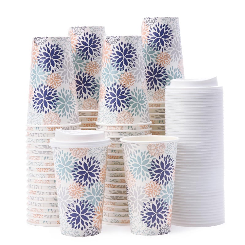 Tamone 100 PACK 16OZ Disposable Coffee Cups with Lids  To Go Coffee Cups with Lids Leak Proof  White and Blue Paper Cups Flower Design for Cold/Hot Coffee Beverage Chocolate Cocoa for Home Office - Image 1