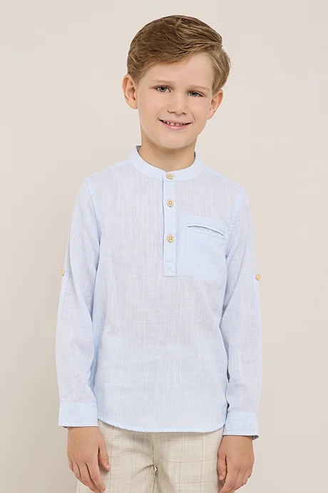 أر أند بي Solid Shirt with Mandarin Collar & Long Sleeves