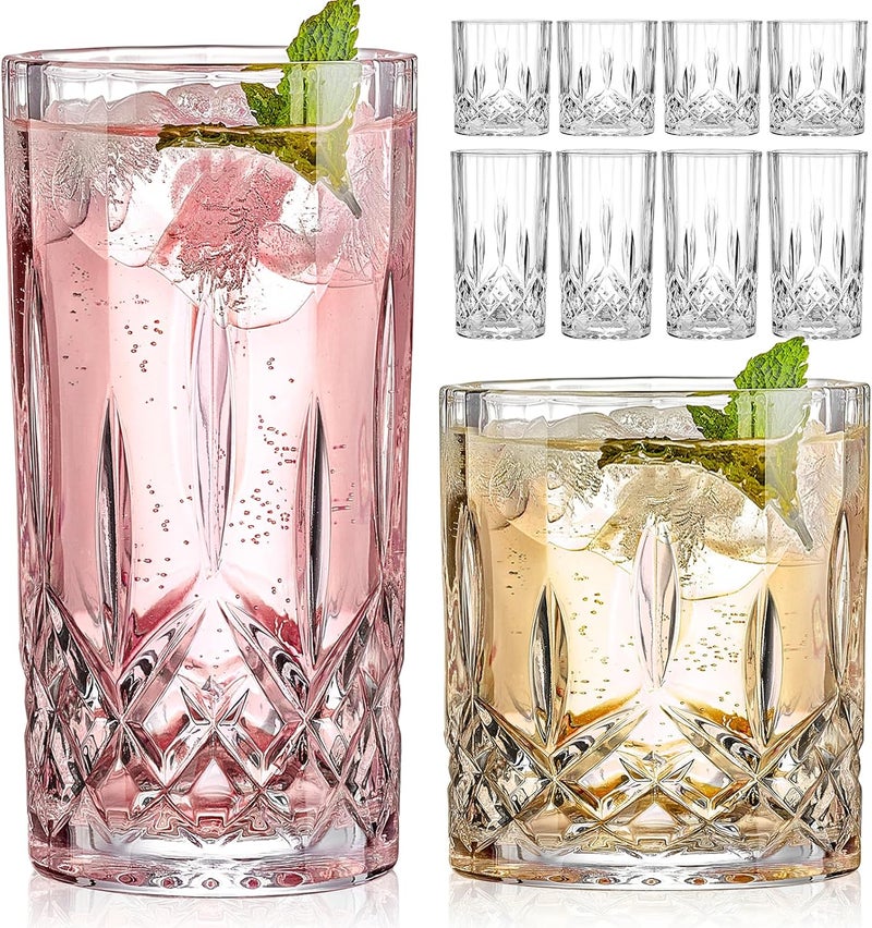 Qipecedm Drinking Glasses, 8 Piece Crystal Glass Cups, Mixed Glassware Set, 4 pcs Crystal Old Fashioned 11oz Highballs and 4 pcs 11oz Whiskey Glasses, Great for Cocktail, Whisky and other Beverages - Image 1