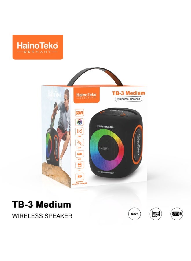 TB-3 Medium Wireless Portable Bluetooth Speaker 50W Powerful Sound, RGB Light Effects, Compact Travel-Friendly Design, Multi-Function Controls, Long Battery Life, Deep Bass Audio for Indoor Outdoor Use - Image 1