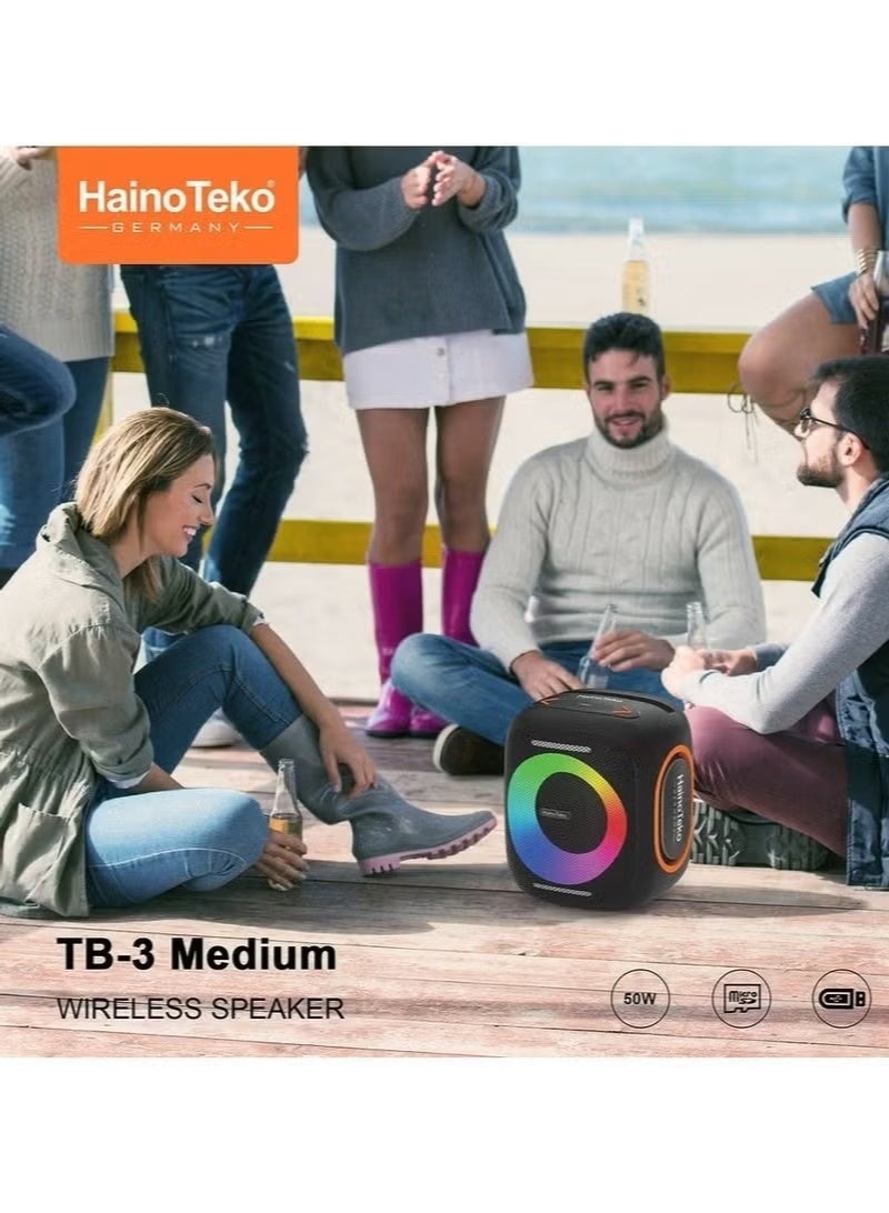 TB-3 Medium Wireless Portable Bluetooth Speaker 50W Powerful Sound, RGB Light Effects, Compact Travel-Friendly Design, Multi-Function Controls, Long Battery Life, Deep Bass Audio for Indoor Outdoor Use - Image 3