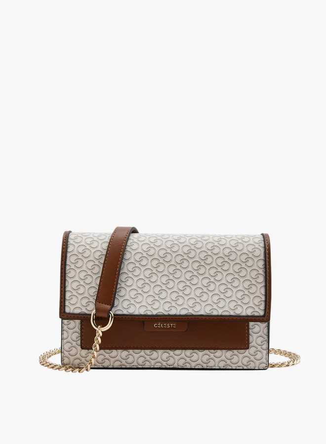 Celeste Women Monogram Print Crossbody Bag with Chain Strap and Snap Button Closure