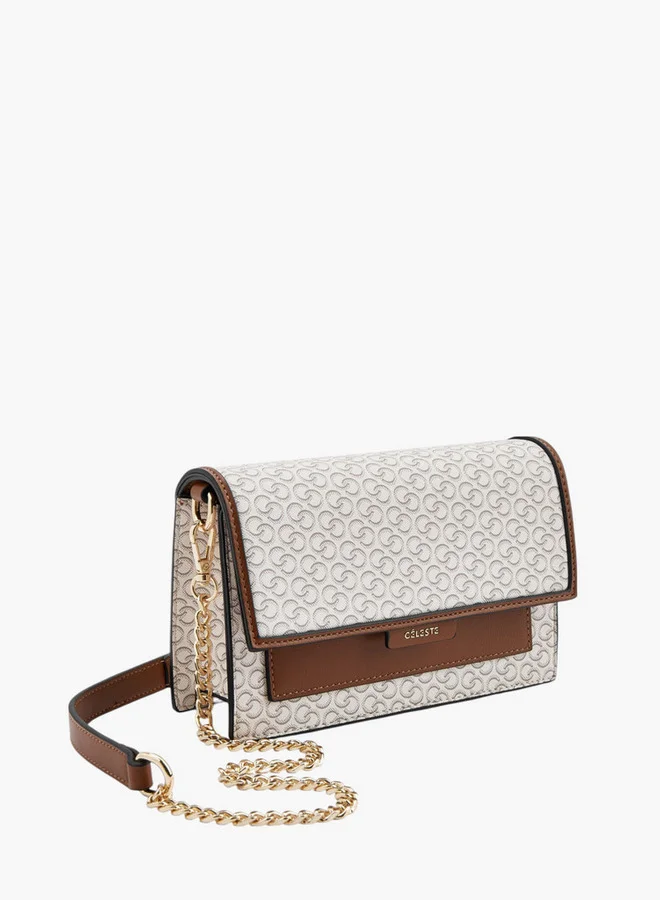 Celeste Women Monogram Print Crossbody Bag with Chain Strap and Snap Button Closure
