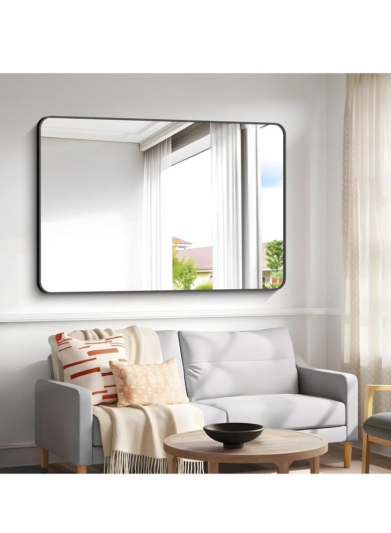 Vparty Black Rectangle Bathroom Mirror, 120 x 75 cm, Ultra HD Glass with Aluminum Alloy Frame, Wall-Mounted Vanity Mirror, Modern Round Corner Design, Full-Length Mirror for Bathroom, Bedroom, Living Room, Entryway, Stylish Black Framed Home Décor Mirror, Horizontal or Vertical Hanging - Image 1