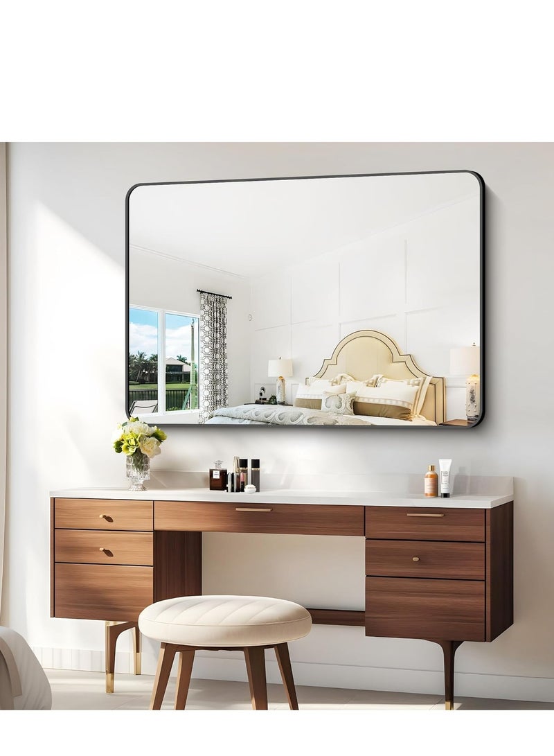 Vparty Black Rectangle Bathroom Mirror, 120 x 75 cm, Ultra HD Glass with Aluminum Alloy Frame, Wall-Mounted Vanity Mirror, Modern Round Corner Design, Full-Length Mirror for Bathroom, Bedroom, Living Room, Entryway, Stylish Black Framed Home Décor Mirror, Horizontal or Vertical Hanging - Image 2