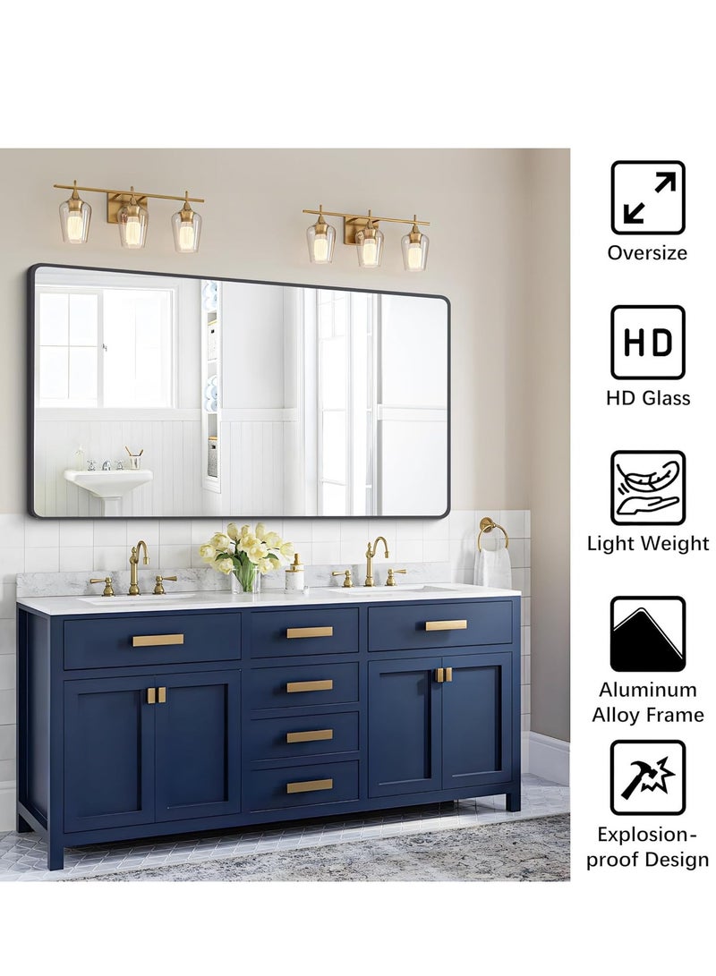 Vparty Black Rectangle Bathroom Mirror, 120 x 75 cm, Ultra HD Glass with Aluminum Alloy Frame, Wall-Mounted Vanity Mirror, Modern Round Corner Design, Full-Length Mirror for Bathroom, Bedroom, Living Room, Entryway, Stylish Black Framed Home Décor Mirror, Horizontal or Vertical Hanging - Image 4