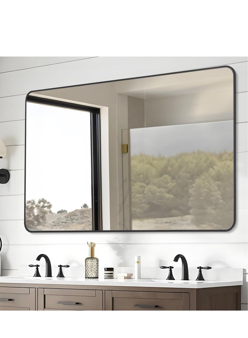 Vparty Black Rectangle Bathroom Mirror, 120 x 75 cm, Ultra HD Glass with Aluminum Alloy Frame, Wall-Mounted Vanity Mirror, Modern Round Corner Design, Full-Length Mirror for Bathroom, Bedroom, Living Room, Entryway, Stylish Black Framed Home Décor Mirror, Horizontal or Vertical Hanging - Image 5