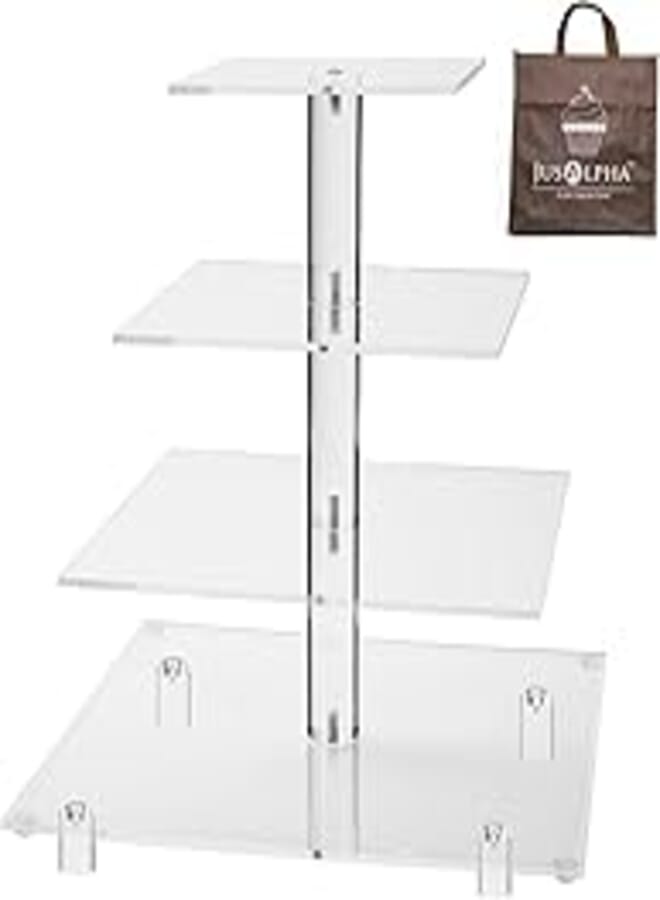 Jusalpha® Large 4 Tier Square Acrylic Cupcake Tower Stand-Cake Stand-Dessert Stand-Cupcake holder-Pastry serving platter-Candy Bar Party Décor-Party Supply(4 Tier With Rod Feet) (4SF-V2)