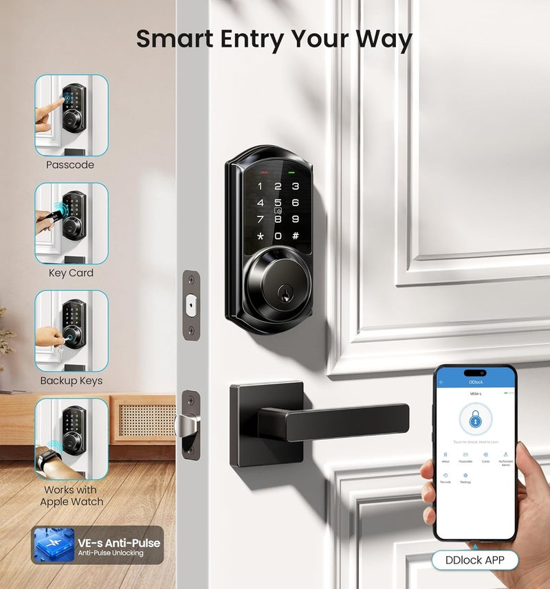 Veise VE06-L Smart Locks with 2 Lever Handle Set, App Control, Keyless Entry Deadbolt for Front Door, Electronic Digital Touchscreen Keypad, Auto Lock, Waterproof, Easy Installation, Matte Black - Image 2