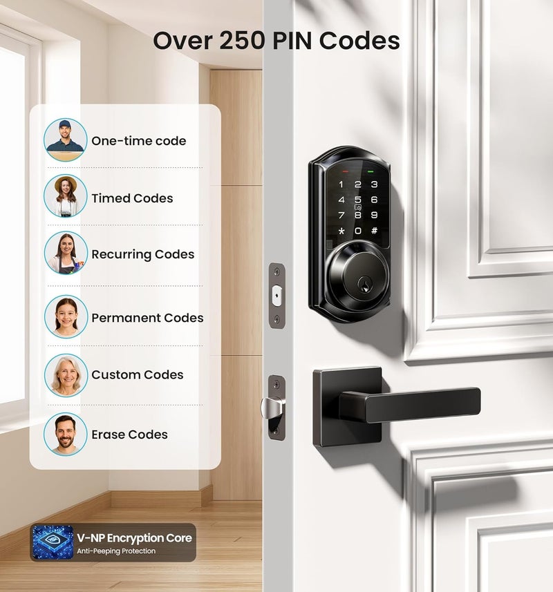 Veise VE06-L Smart Locks with 2 Lever Handle Set, App Control, Keyless Entry Deadbolt for Front Door, Electronic Digital Touchscreen Keypad, Auto Lock, Waterproof, Easy Installation, Matte Black - Image 3