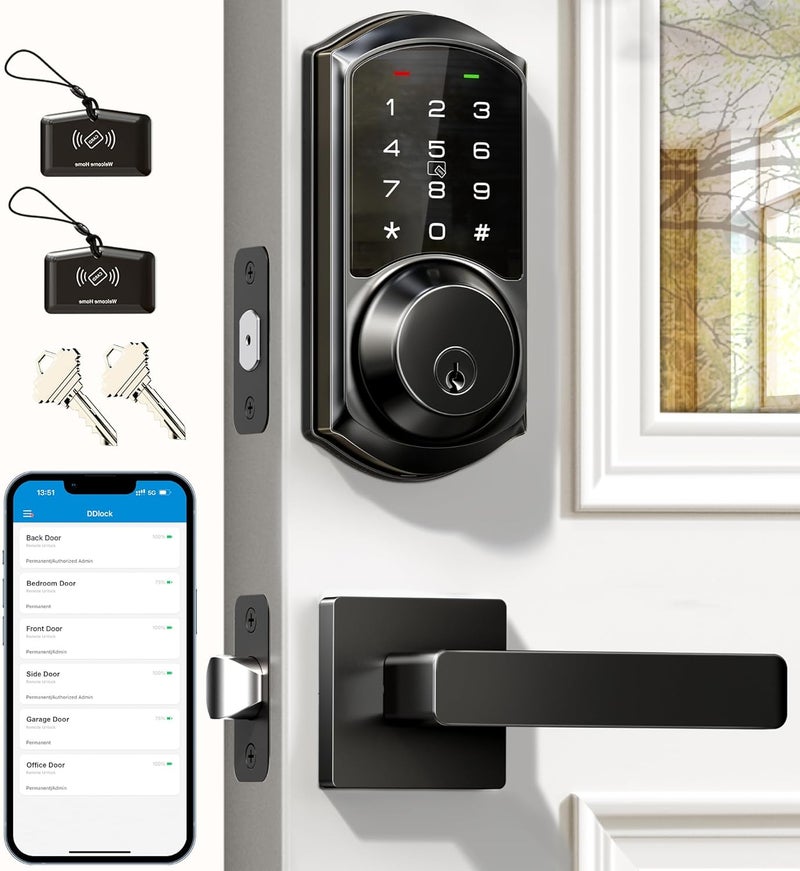Veise VE06-L Smart Locks with 2 Lever Handle Set, App Control, Keyless Entry Deadbolt for Front Door, Electronic Digital Touchscreen Keypad, Auto Lock, Waterproof, Easy Installation, Matte Black - Image 1