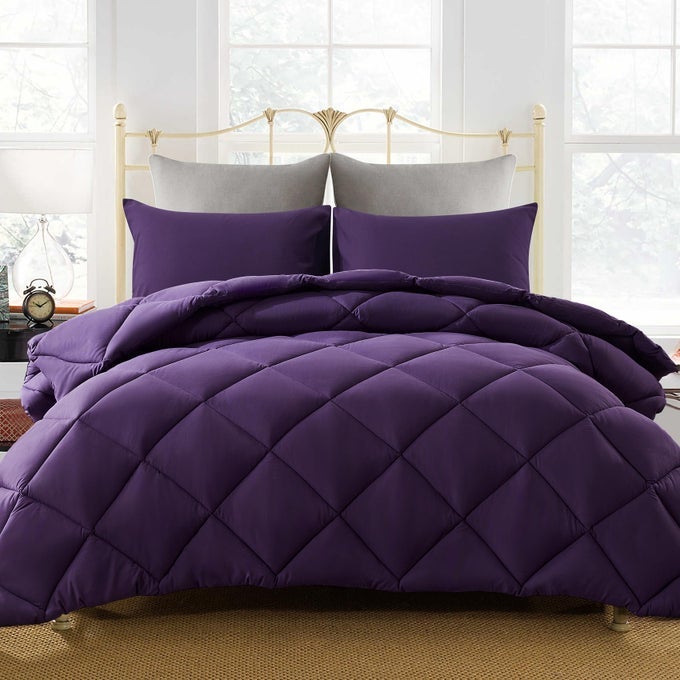 LIGHTWEIGHT FULL COMFORTER SET WITH 2 PILLOW SHAM 3 PIECES SET QUILTED DOWN ALTERNATIVE COMFORTERDUVET INSERT FOR ALL SEASON PURPLE FULL SIZE